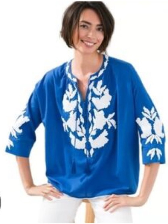 Chico's Tops - Chico's Royal Blue Tunic with White Floral Embroidery Peasant Top Sz 2